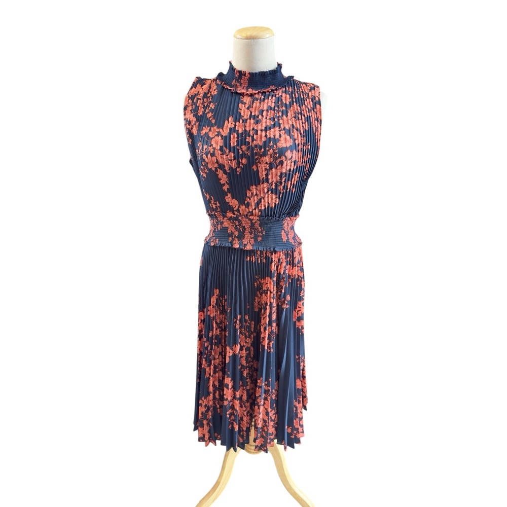 Nanette Lepore Navy Floral Pleated‎ Midi Dress Sleeveless Smocked Waist Boho 10